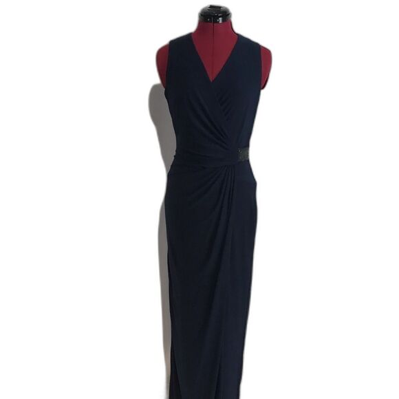 Lauren Ralph Lauren Jersey Gown Size 4 Navy Blue Rhinestone Embellishment V-Neck - Picture 14 of 16